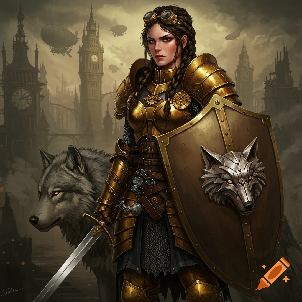 A steampunk shield maiden stands with a wolf in a city background.