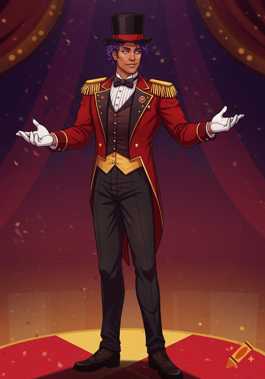 A man in a red and gold ringmaster coat, vest, black pants, and top hat stands on a stage with arms outstretched.
