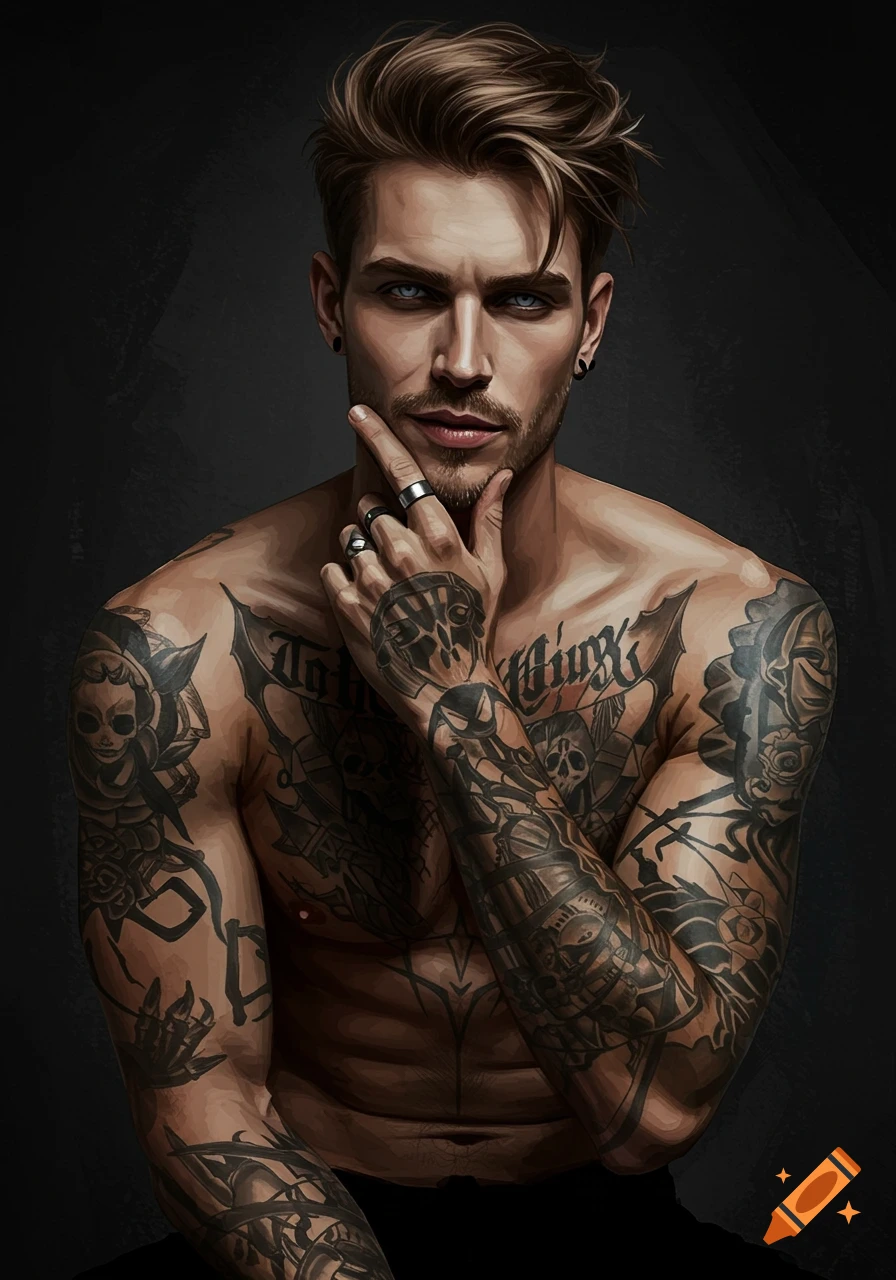 A handsome man with extensive chest and arm tattoos touches his chin.