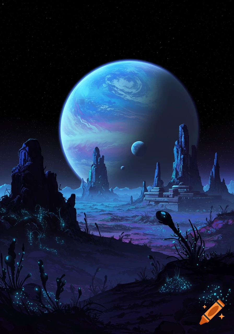 An alien planet landscape with a large blue planet, moons, rock formations, and futuristic buildings.