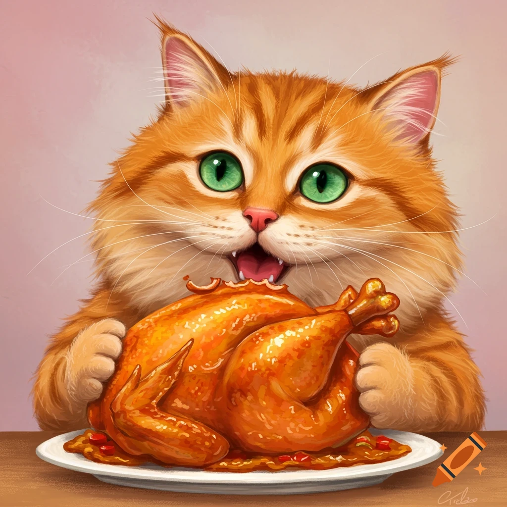 An orange cat is holding and eating a cooked chicken.