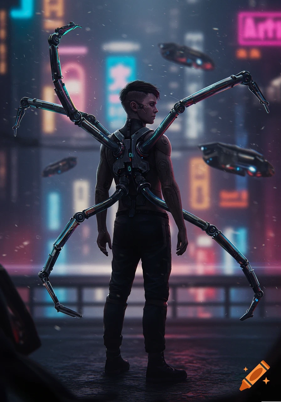 A person with robotic tentacles stands in a dark, futuristic cyberpunk city.