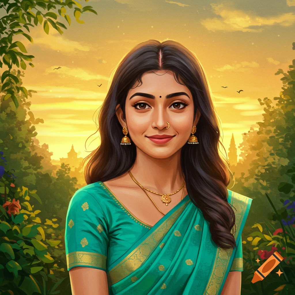 A young Indian woman in a teal and gold saree, smiling against a sunset sky with trees.