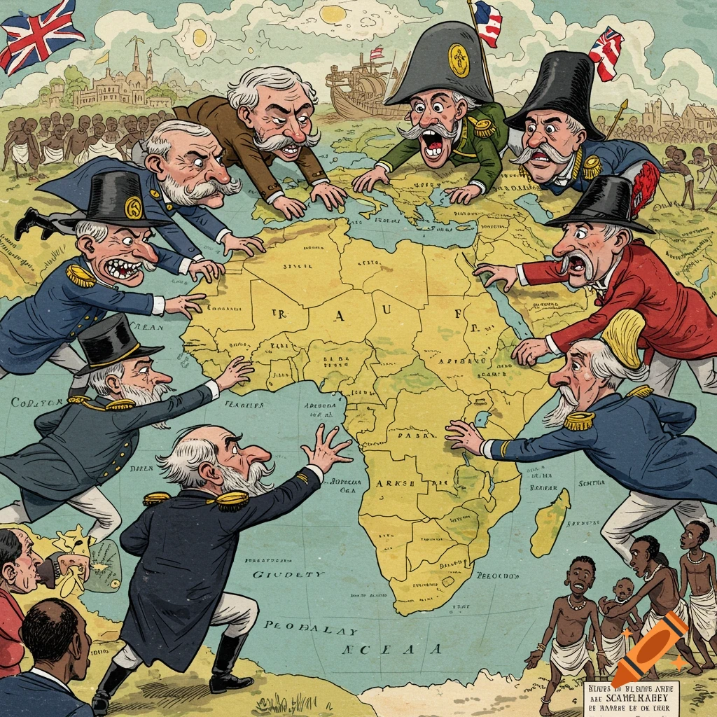 Political cartoon of exaggerated figures representing countries reaching over a map of Africa