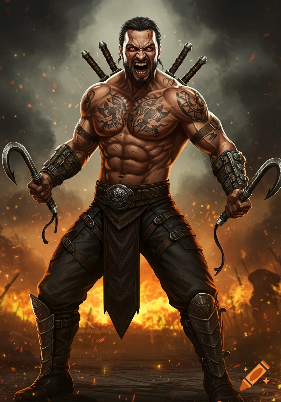 A muscular warrior with tattoos holds hooks against a fiery battle background.