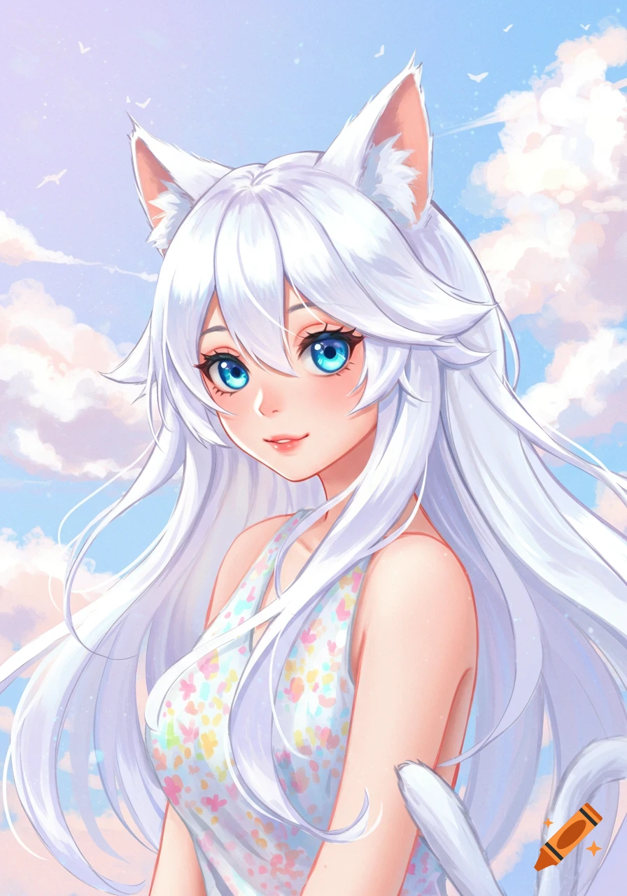 White-haired anime cat girl with blue eyes and ears looks at the viewer against a cloudy sky.