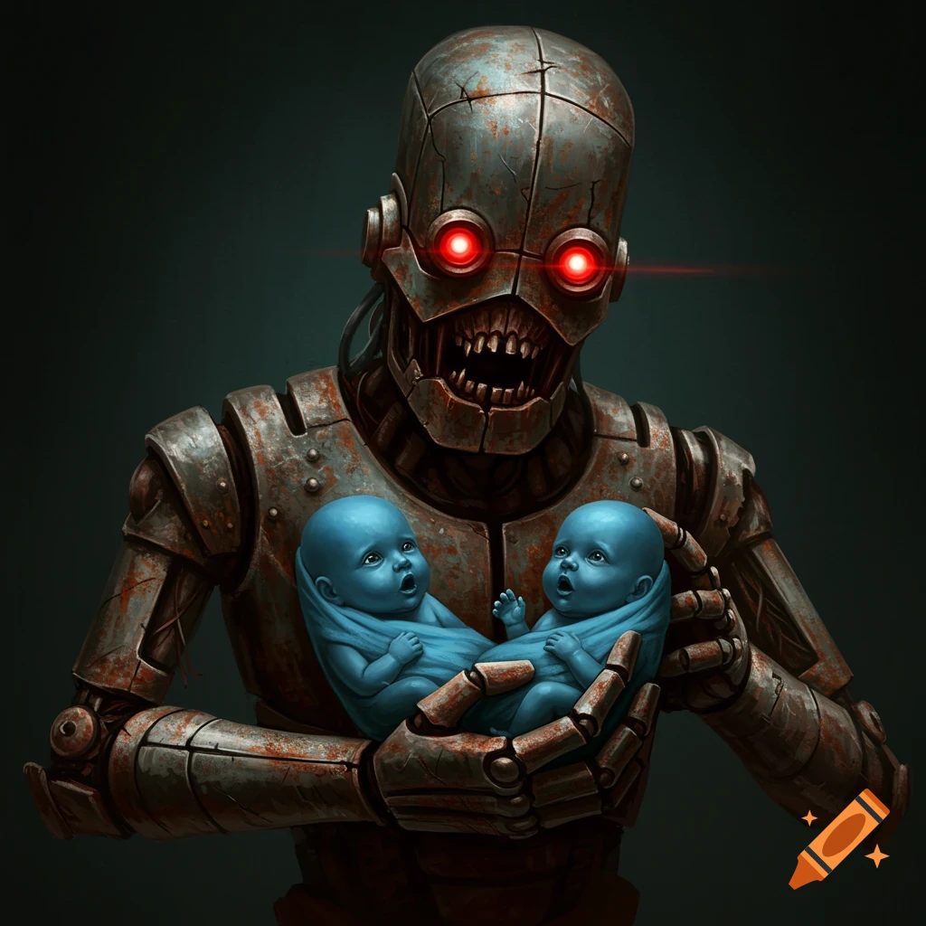 A horrific rusted robot with glowing red eyes holds two blue babies in a dark scene.