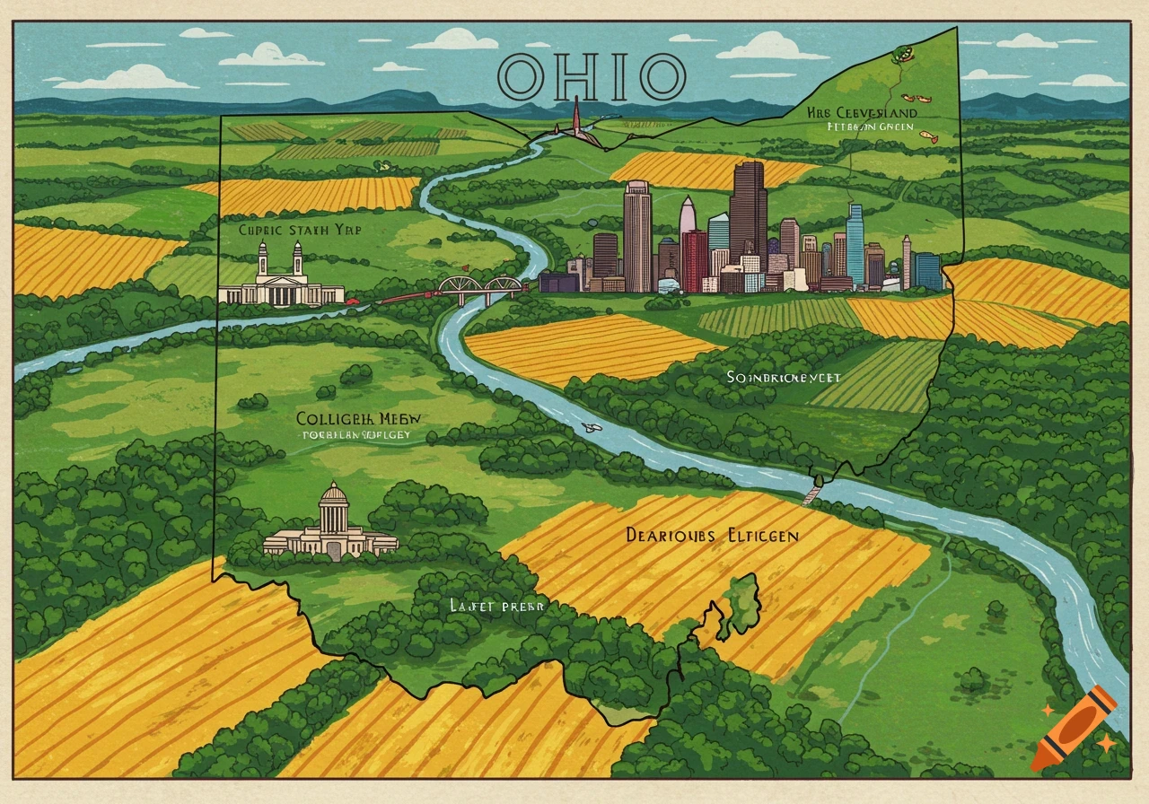 Illustrated map of Ohio showing cityscape, buildings, river, fields, and hills.