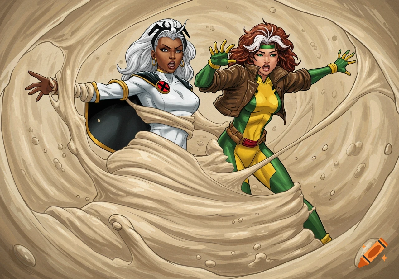 Storm and Rogue from X-Men wrapped in a wave of dough, struggling, in a comic book art style.