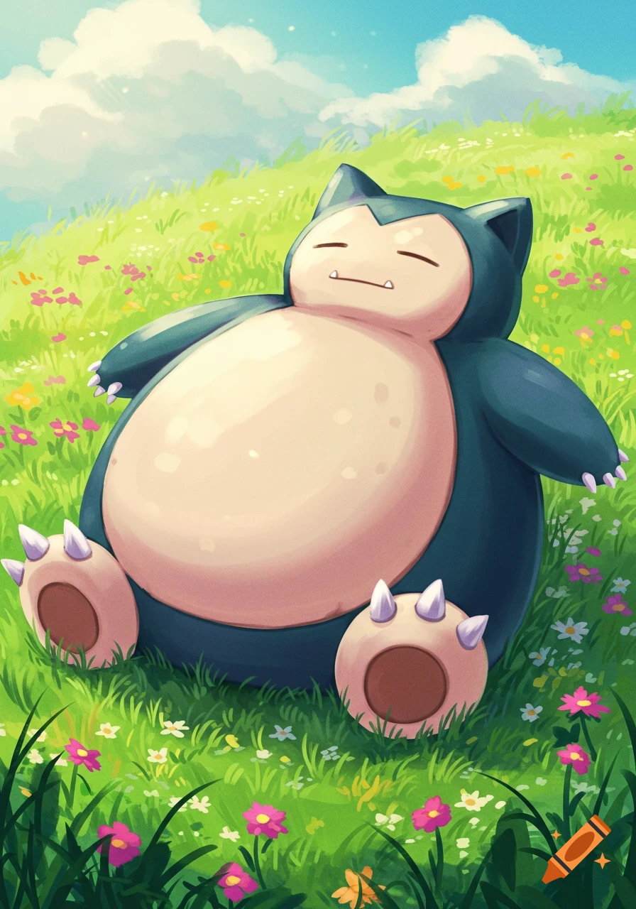 A Snorlax rests in a grassy field filled with flowers under a cloudy sky.
