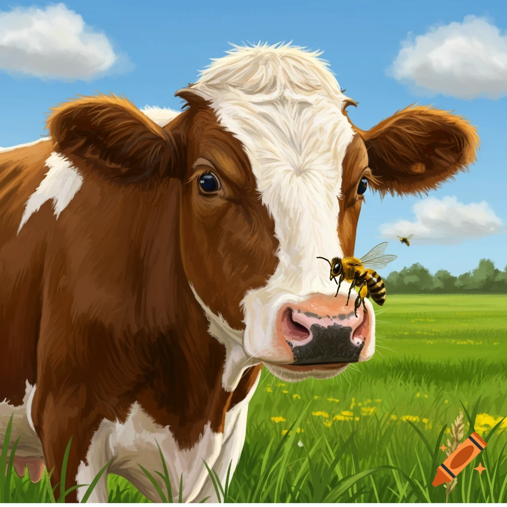 A brown and white cow with a honey bee on its nose in a grassy field