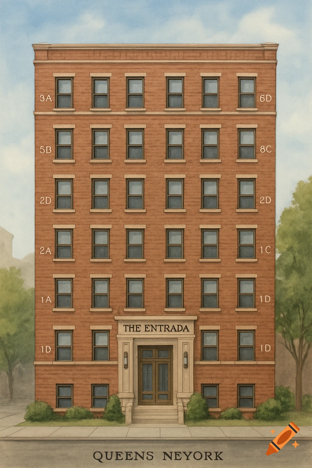 A brick apartment building called The Entrada is shown.  The building has room numbers on its facade.  Trees are on either side of the building.