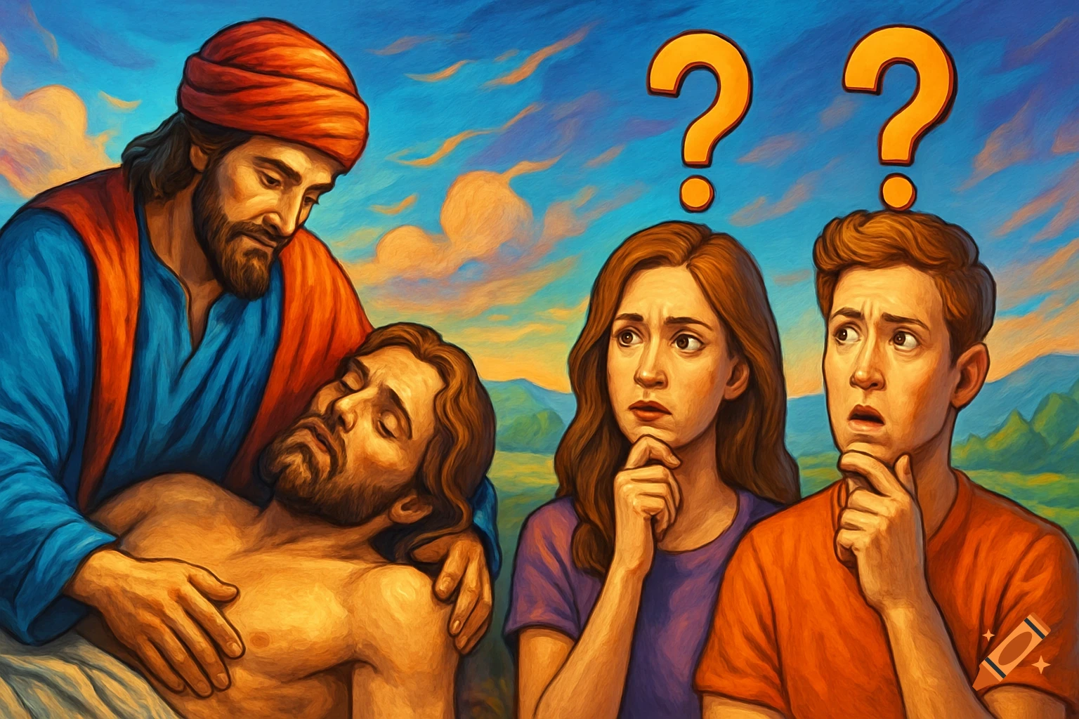 Painting of a man holding another, while a man and woman look on under question marks.