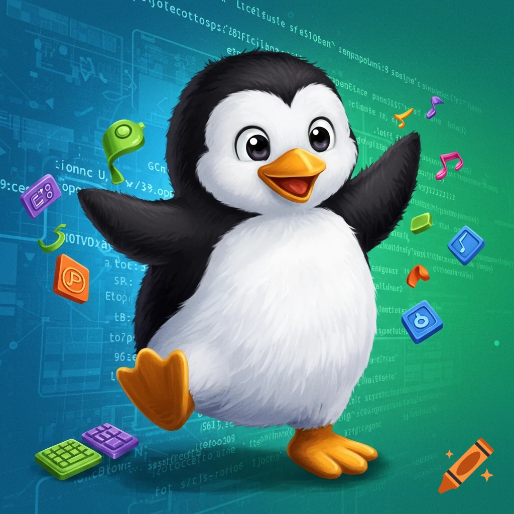 Cute cartoon penguin with arms raised, surrounded by colorful icons and code background