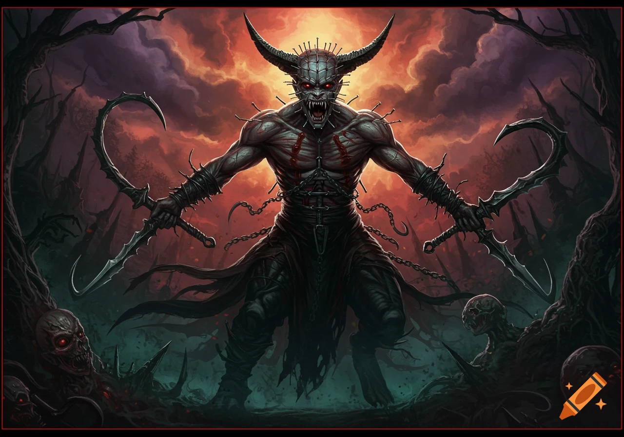 A horned demon creature covered in spikes and chains, holding curved blades, in a dark, fiery landscape.