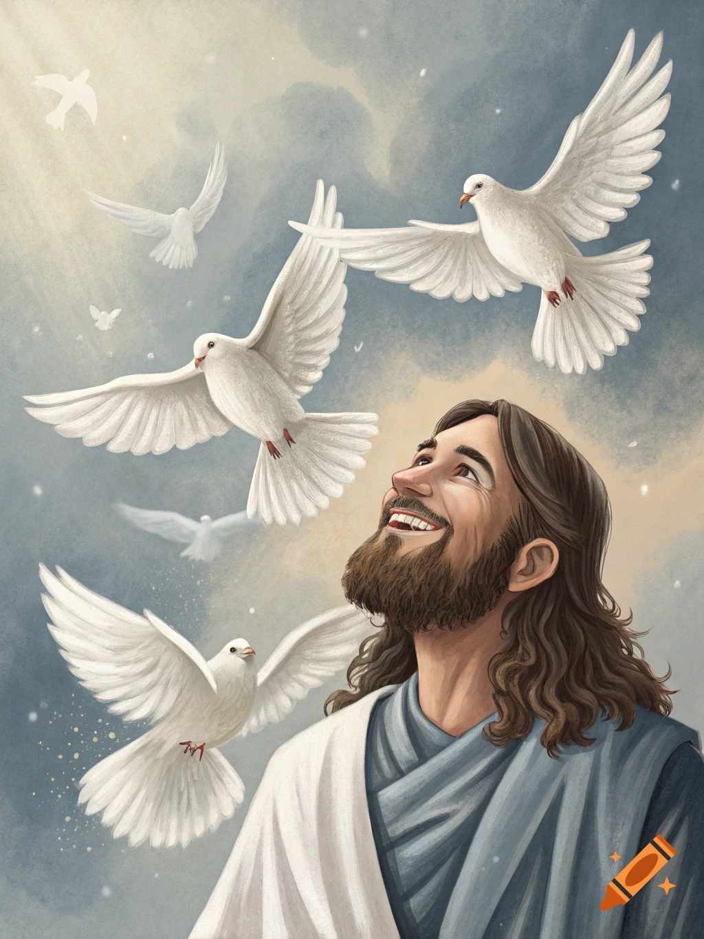 Painting of Jesus smiling up at white doves flying in a cloudy sky