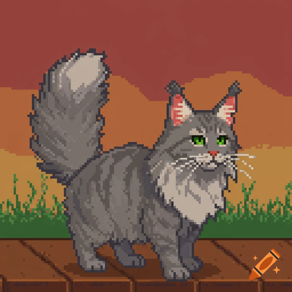 Grey Maine Coon cat in pixel art style.
