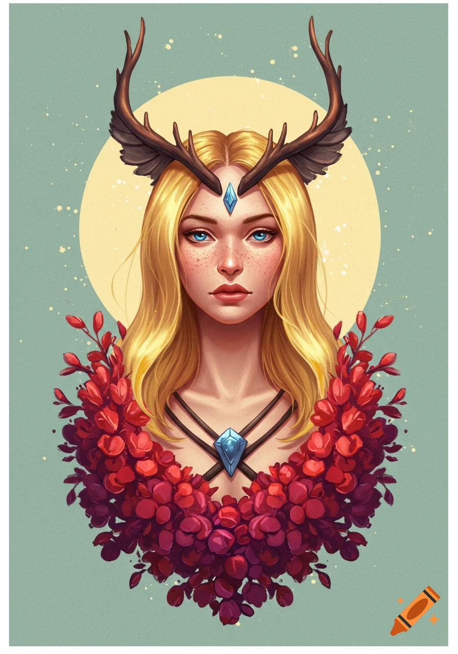 Fantasy portrait of a woman with antlers, a gem, and red flowers