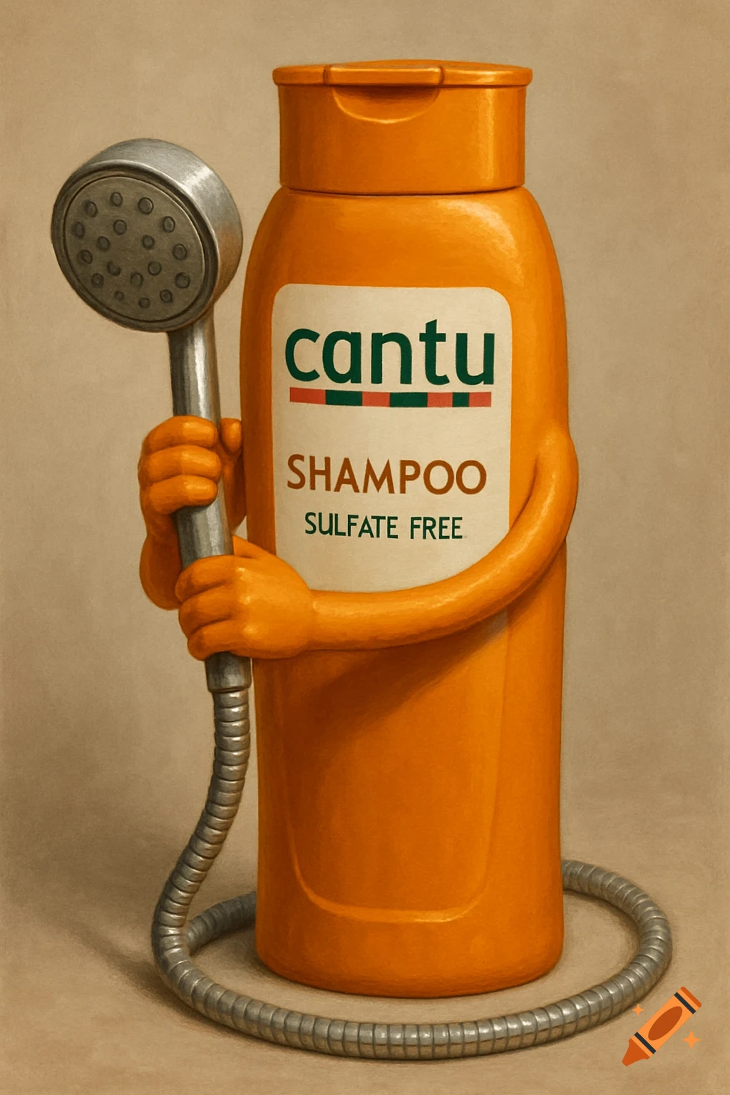 Orange Cantu shampoo bottle with arms holding a shower head.