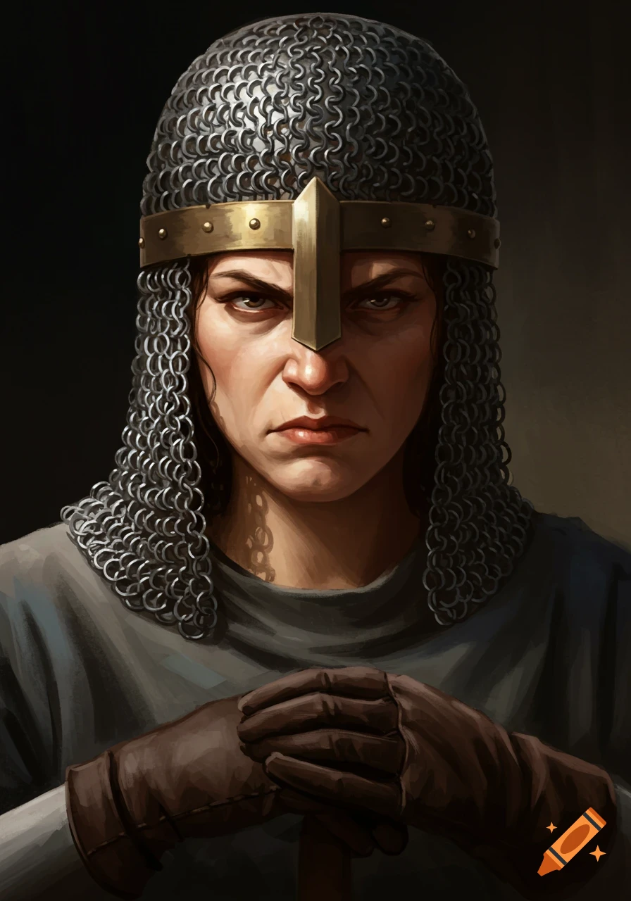 Woman in a chainmail helmet and gloves, looking serious.