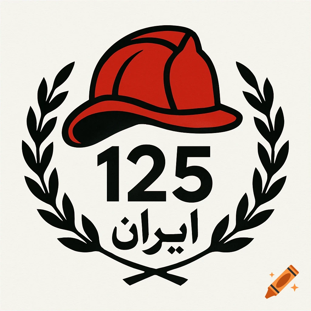 Logo icon with a red firefighter helmet above the number 125 and the Persian word 'Iran', framed by black leaves.