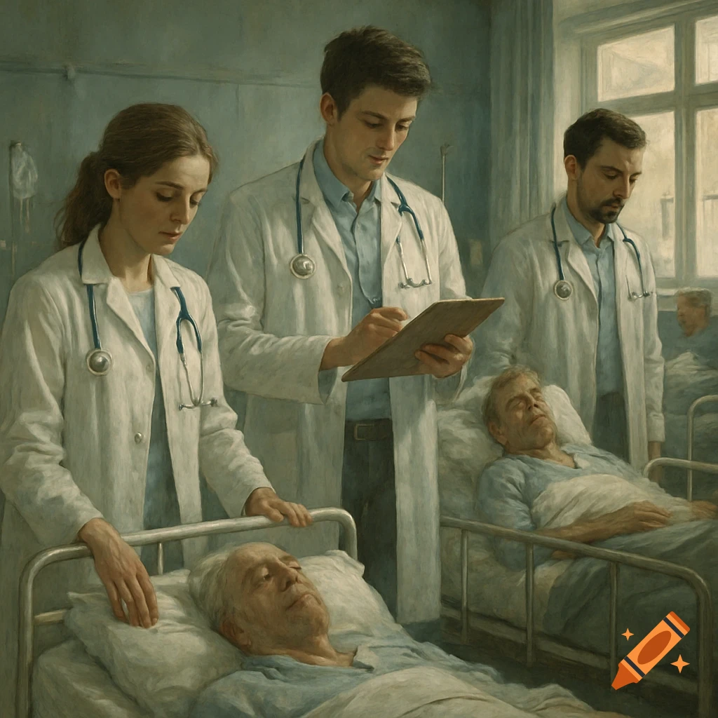Doctors attending to patients in a hospital ward.