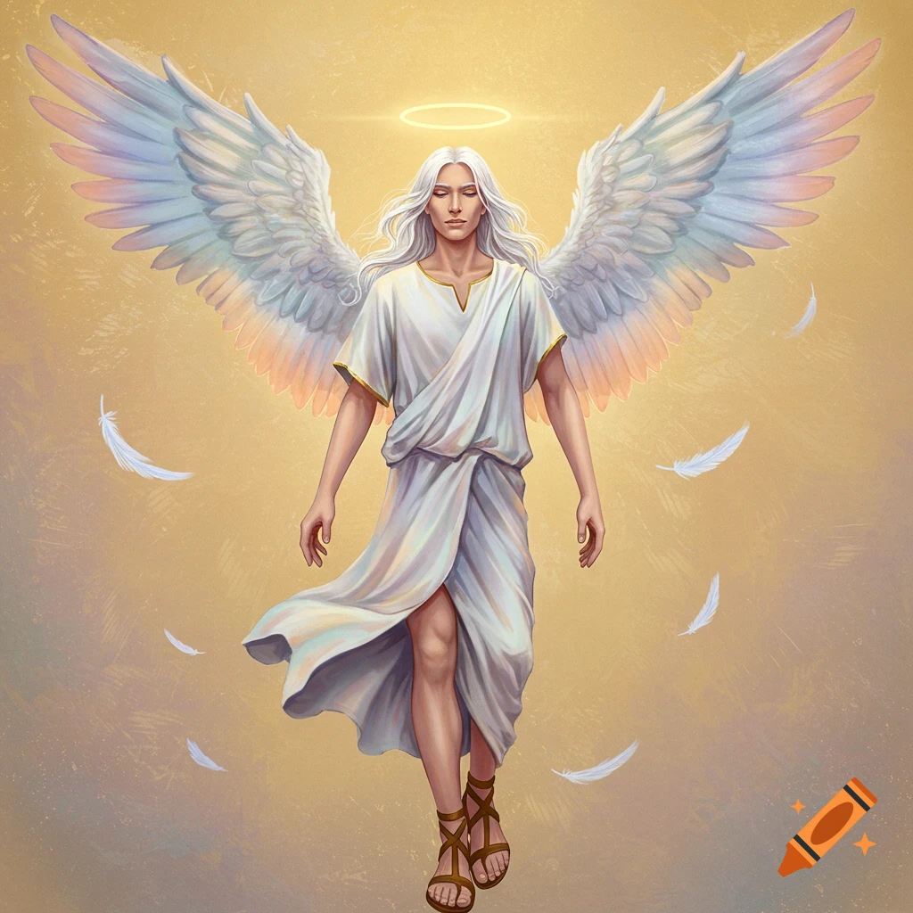 A male angel with white hair, wings, and a halo, walking against a yellow background with falling feathers.