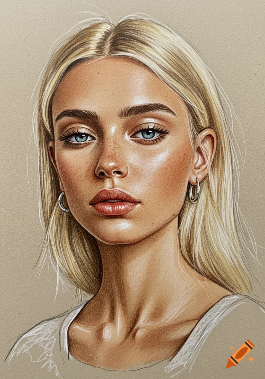 Realistic colored pencil portrait of a blonde woman with blue eyes.