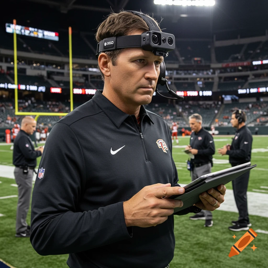 A football coach wearing a camera headband looks at a tablet on a field during a game.