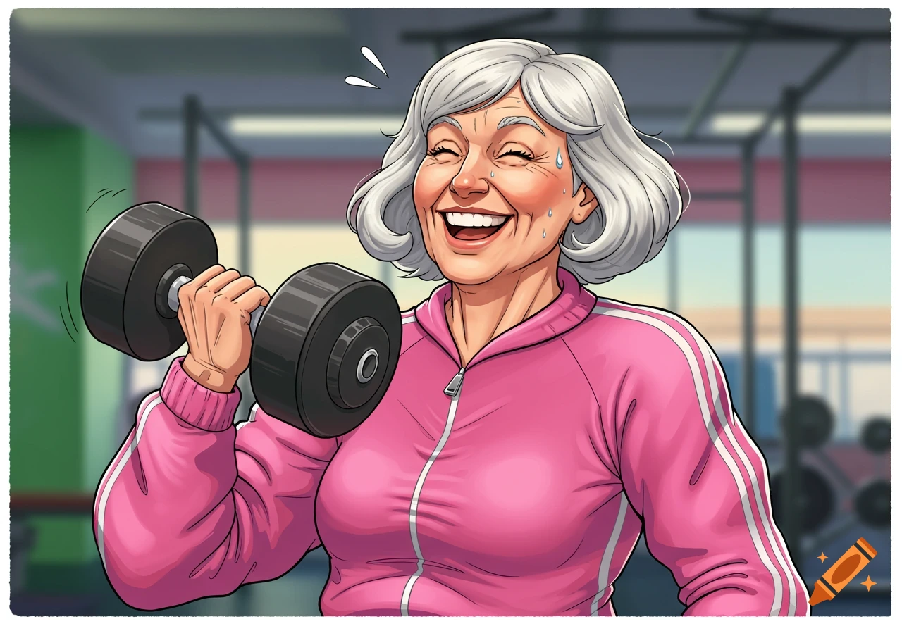 A happy older woman lifts a dumbbell in a gym.