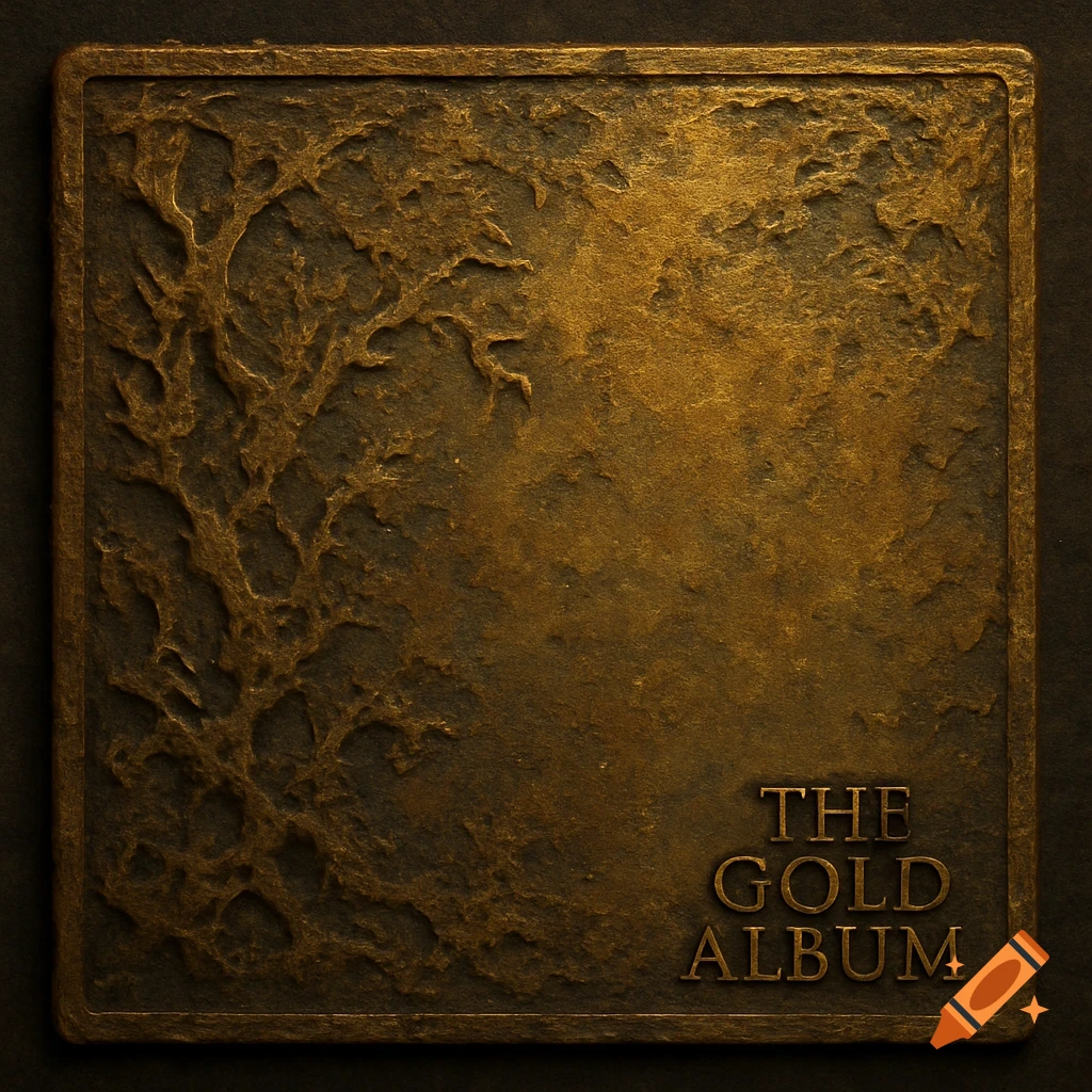 A corroded gold metal plate with a tree pattern and 'THE GOLD ALBUM' text.