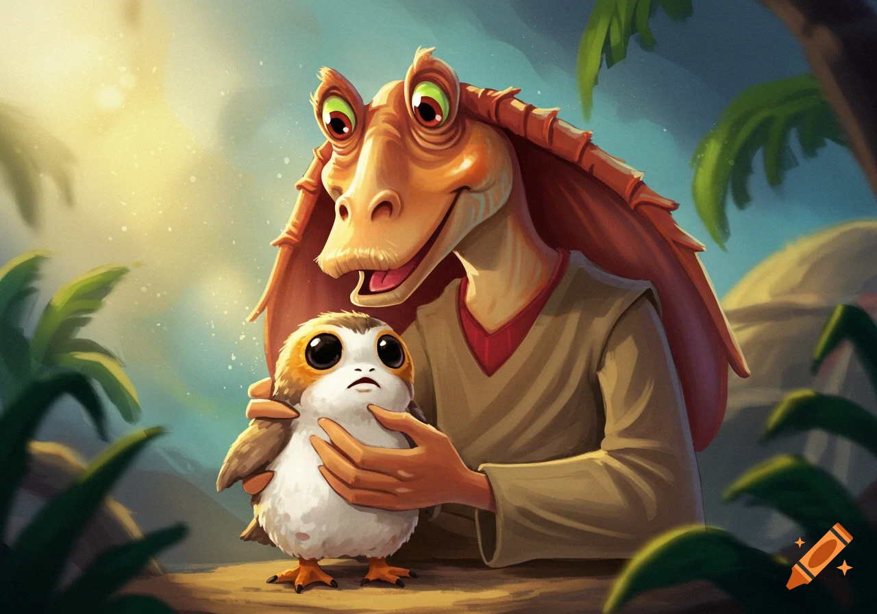 Jar Jar Binks holds a Porg.