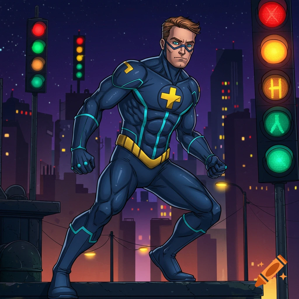 Superhero in a dark blue and yellow suit stands on a city rooftop at night near traffic lights.