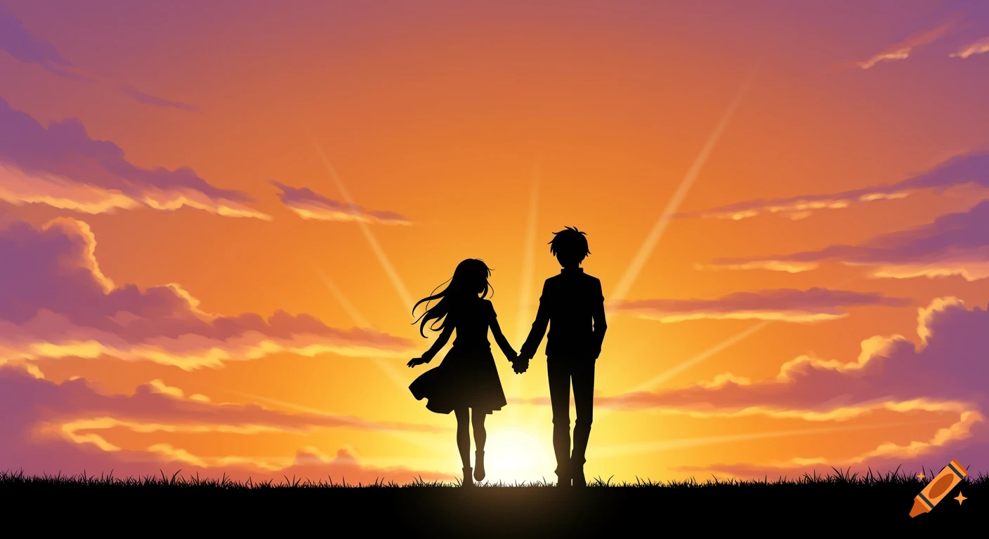 Anime style silhouette of a couple walking hand-in-hand towards a vibrant sunset over a grassy hill.