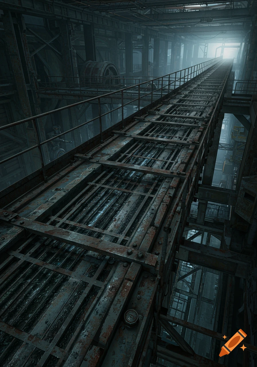 A long, dark, rusty industrial catwalk leading towards a misty light in a large, decaying industrial building.