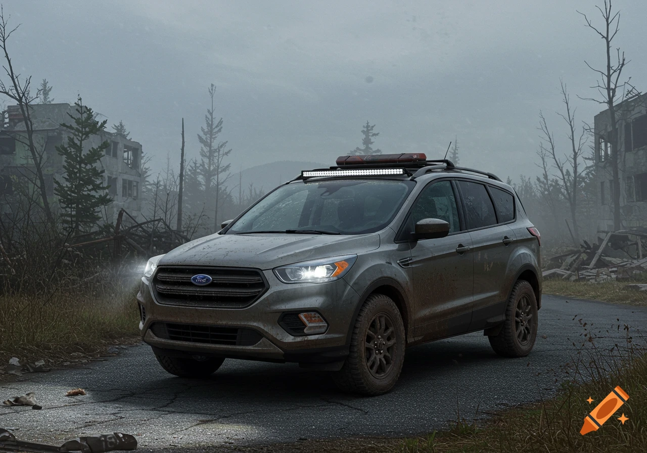 A muddy Ford Escape SUV in a destroyed, misty apocalyptic landscape.