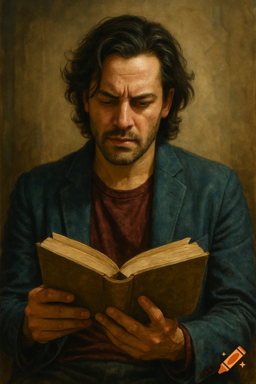 A man with dark hair and a beard, wearing a blue jacket and red shirt, intently reading an open book.
