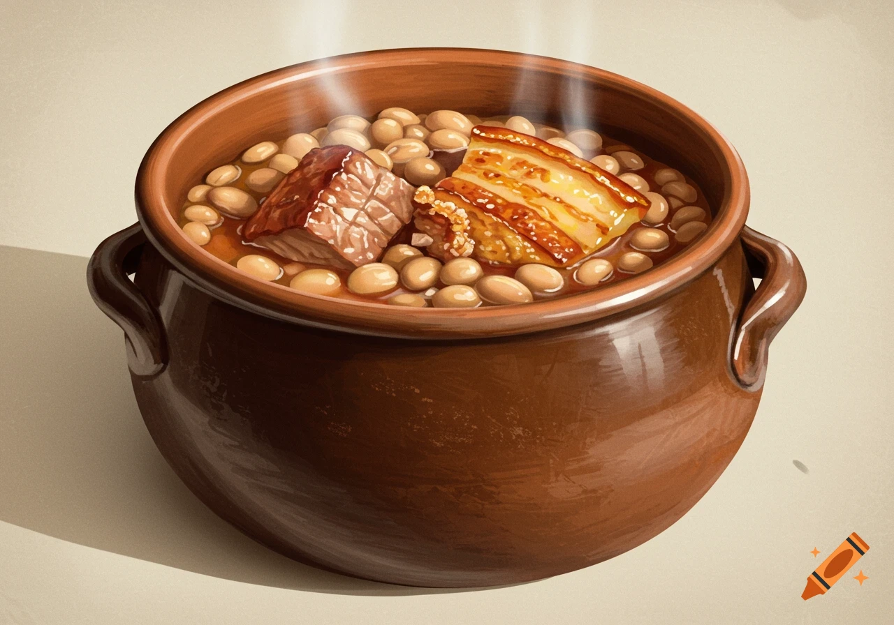 A steaming pot filled with pork and beans.