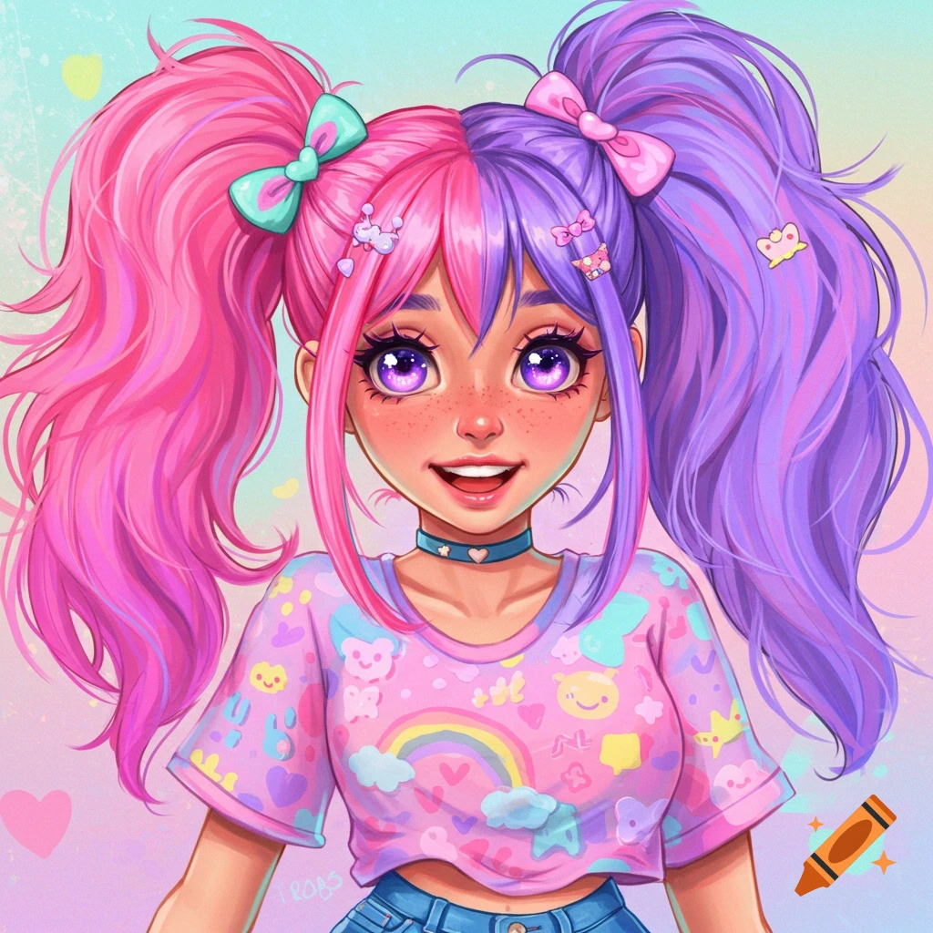 Portrait of a smiling person with pink and purple pigtails, purple eyes, and a colorful kawaii-style shirt.