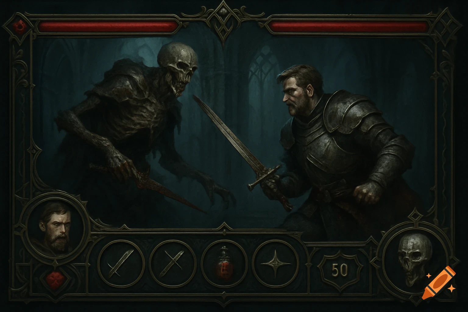 A knight fighting a skeleton within a Gothic RPG battle UI frame.