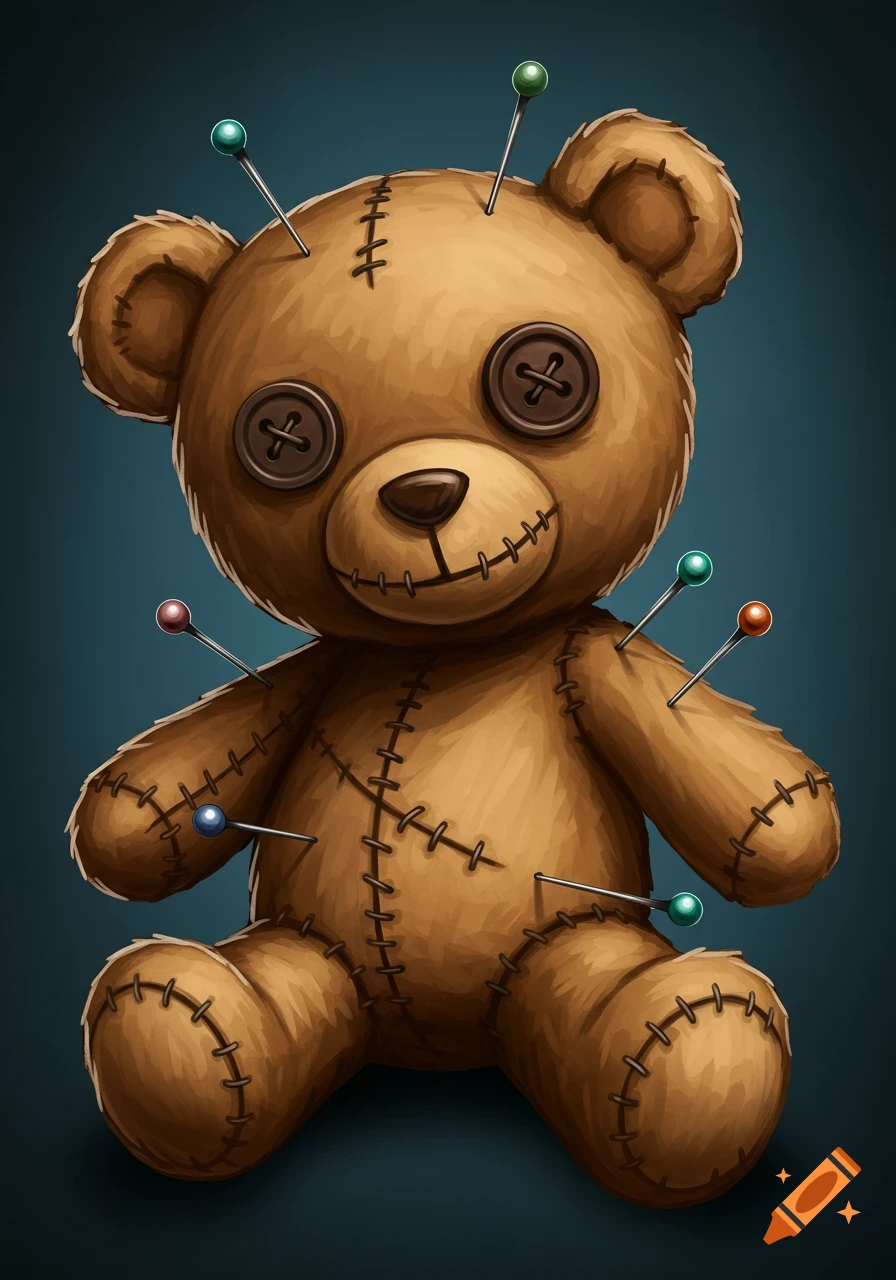 A voodoo doll teddy bear with pins sticking out