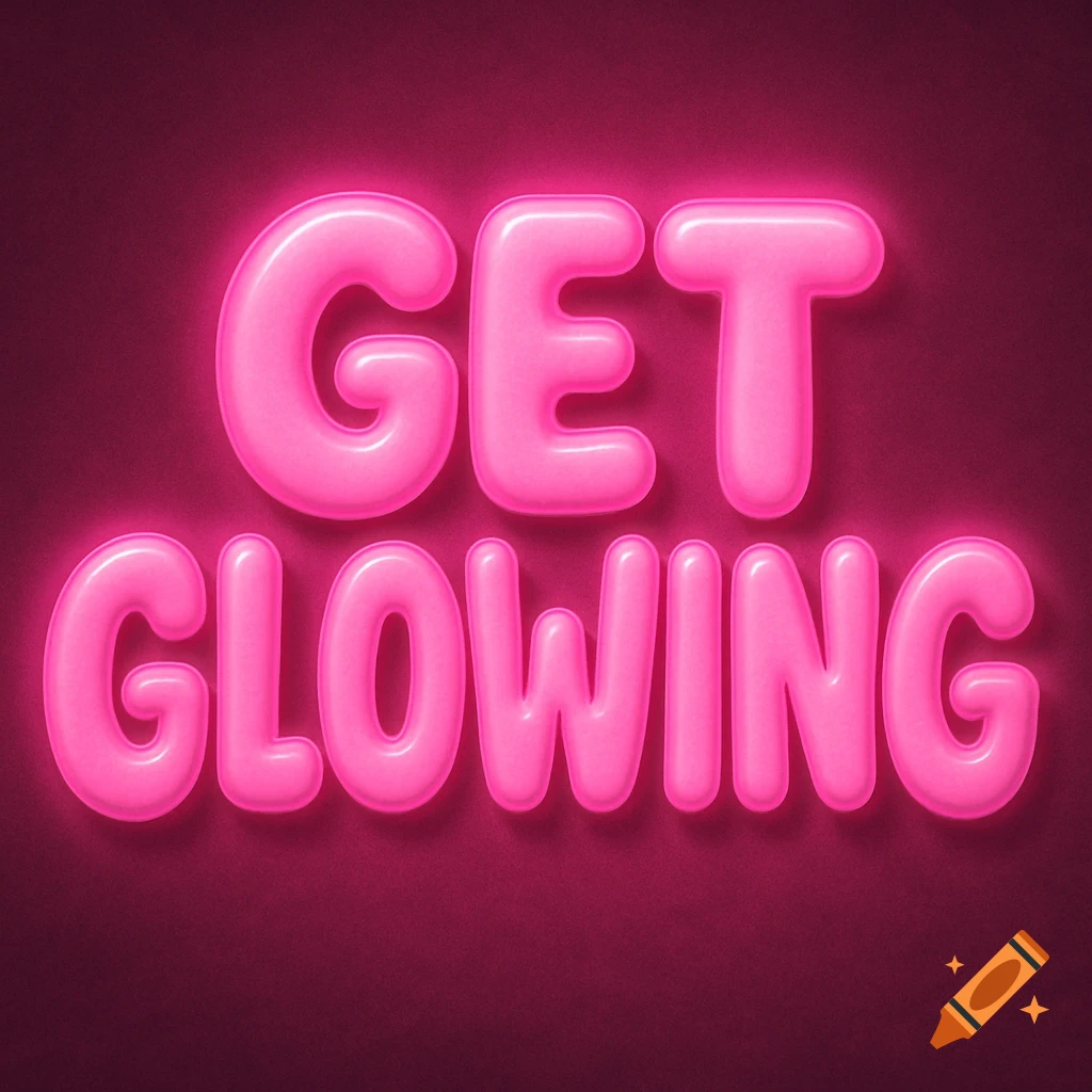 Pink bubble letters spelling GET GLOWING with a neon glow on a dark pink background.