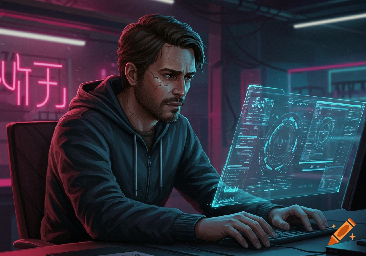 A man working on a holographic computer in a cyberpunk room.