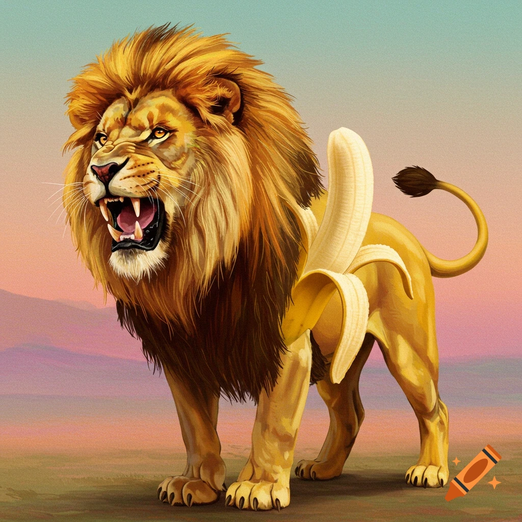 A roaring lion is fused with a peeled banana against a gradient sky.
