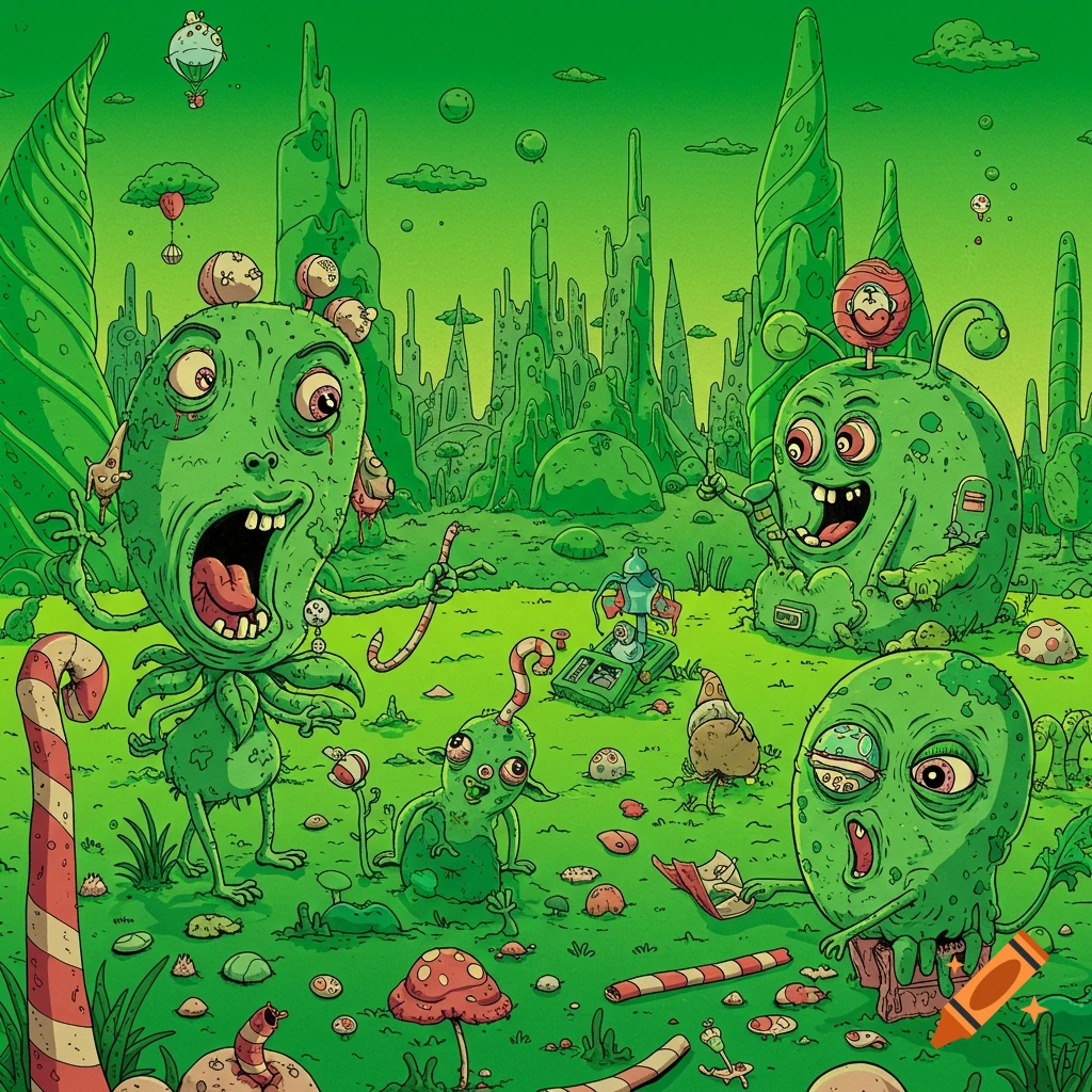 Cartoon aliens in a bizarre green landscape with candy canes and mushrooms, illustration style.