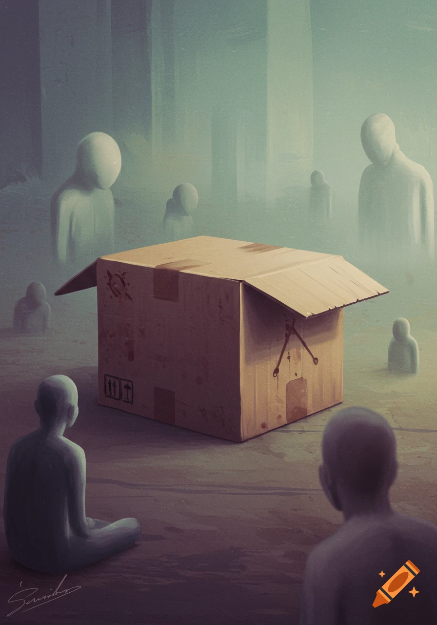 Surreal abstract figures surrounding a cardboard box in a misty space.