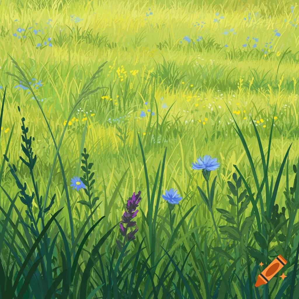 A grassy field filled with blue, purple, and yellow wildflowers.