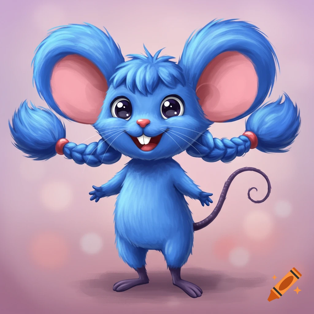 A blue cartoon mouse with braided pigtails and a smile.
