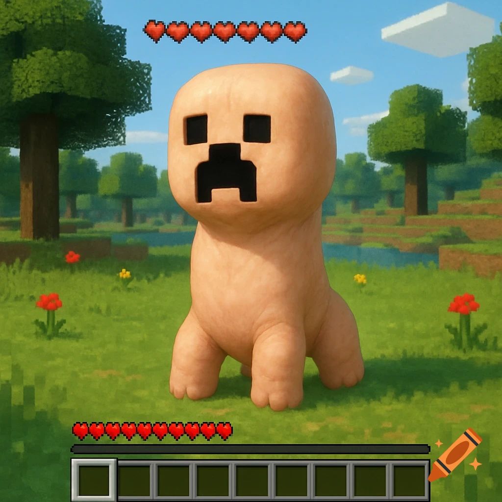 A rounded flesh creeper in a Minecraft world with game UI visible