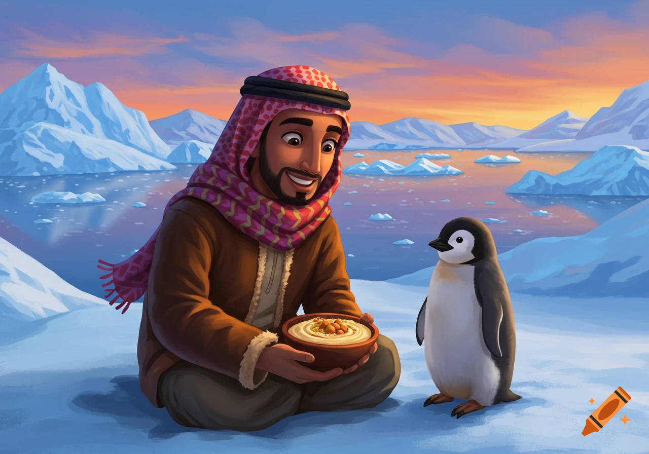 An Arabic man shares hummus with a penguin in the arctic.